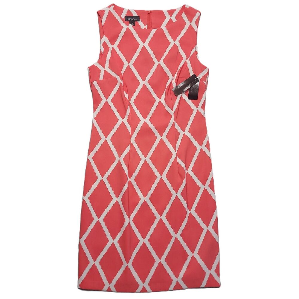 Alyx Sleeveless Sheath Dress Size 4 Coral White Geo Stretch Knee Length Zip Up